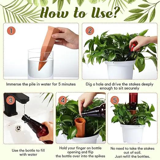 6 Sets Plant Watering Devices Include Terracotta Self Watering Spikes and 26 oz Plastic Bottles Slow Release Vacation Insert Automatic Plant Watered Device by GreenHaven Gardens