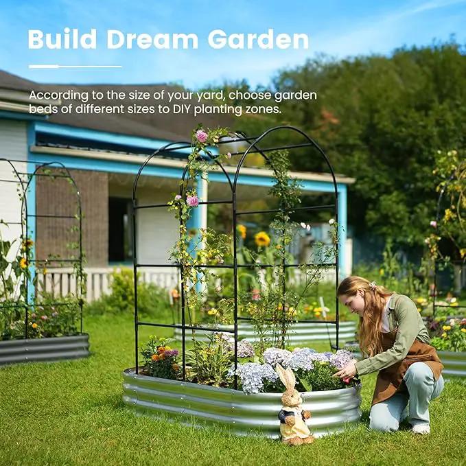 KING BIRD Raised Garden Bed with Arched Trellis Galvanized Planter Garden Box Outdoor for Gardening, Climbing Vegetables, Flowers 5.9x2.95x0.98 Ft 2PCS, Silver by GreenHaven Gardens
