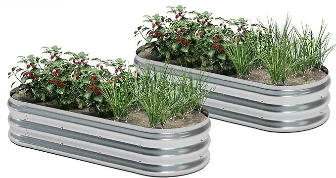 KFN 2pcs Galvanized Raised Garden Bed,Raised Garden Bed Kit-Oval Metal Flower Box,Large Planter Vegetable Box Outdoor,Planting for Vegetables,Flower,Herb,5FT,0.7mm by GreenHaven Gardens
