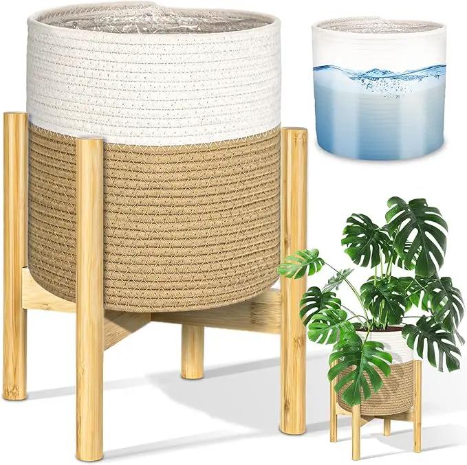 PAULINN Plant Basket with Stand 11" x 11", Woven Basket with Bamboo Plant Stand, for Indoor Plant, Fits Up to 10 Inch Plant Pots, White and Beige by GreenHaven Gardens