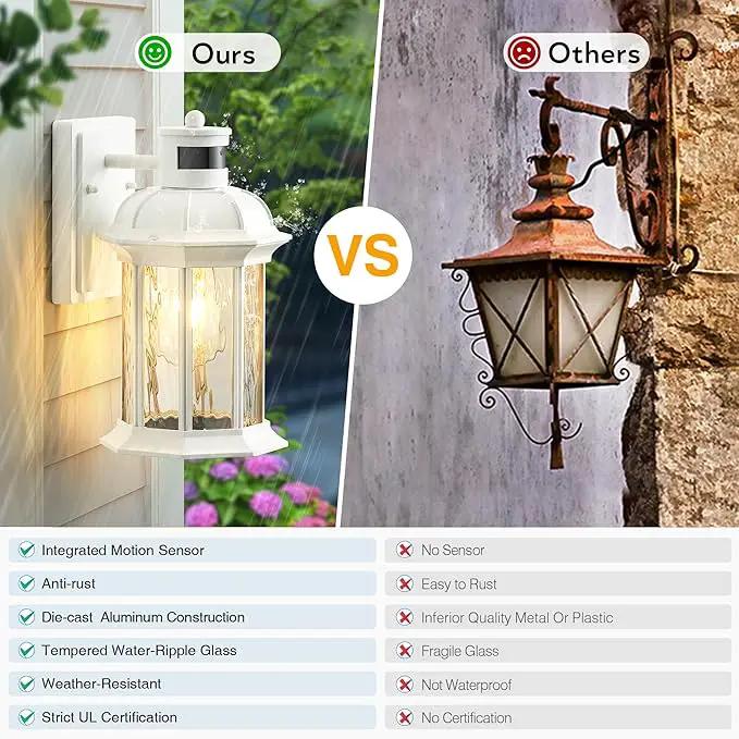 VIANIS White Motion Sensor Exterior Wall Light Lantern, Modern Dusk to Dawn Outdoor Porch Light Fixtures Wall Mount, Waterproof Outdoor Wall Sconce for Garage Entrance with Tempered Water-Ripple Glass by GreenHaven Gardens