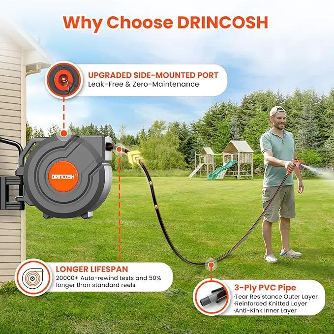 Upgraded Retractable Garden Hose Reel 1/2" x 155 ft Pro 180° Swivel Metal Bracket Automatic Retract Heavy Duty Hose Reels Wall Mount Any Length Lock 9 Pattern Nozzle Garden Watering by GreenHaven Gardens