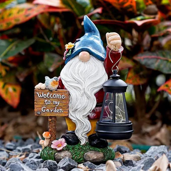 Garden Gnome Statues Figurine Lights - Solar Powered Lighting Outdoor Decorations with Lantern & Welcome Sign, Yard Art Lawn Ornaments for Porch Patio Balcony - Gnome Gifts for Women Mom by GreenHaven Gardens