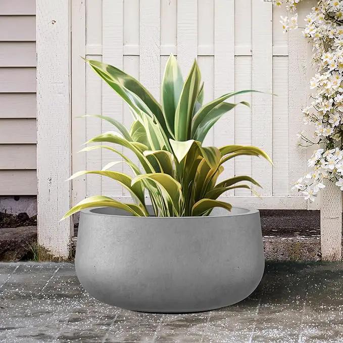 Kante 15.7" Dia Round Concrete Planter, Outdoor Indoor Garden Plant Pots with Drainage Hole and Rubber Plug, Modern Curvaceous Design, Natural Concrete by GreenHaven Gardens