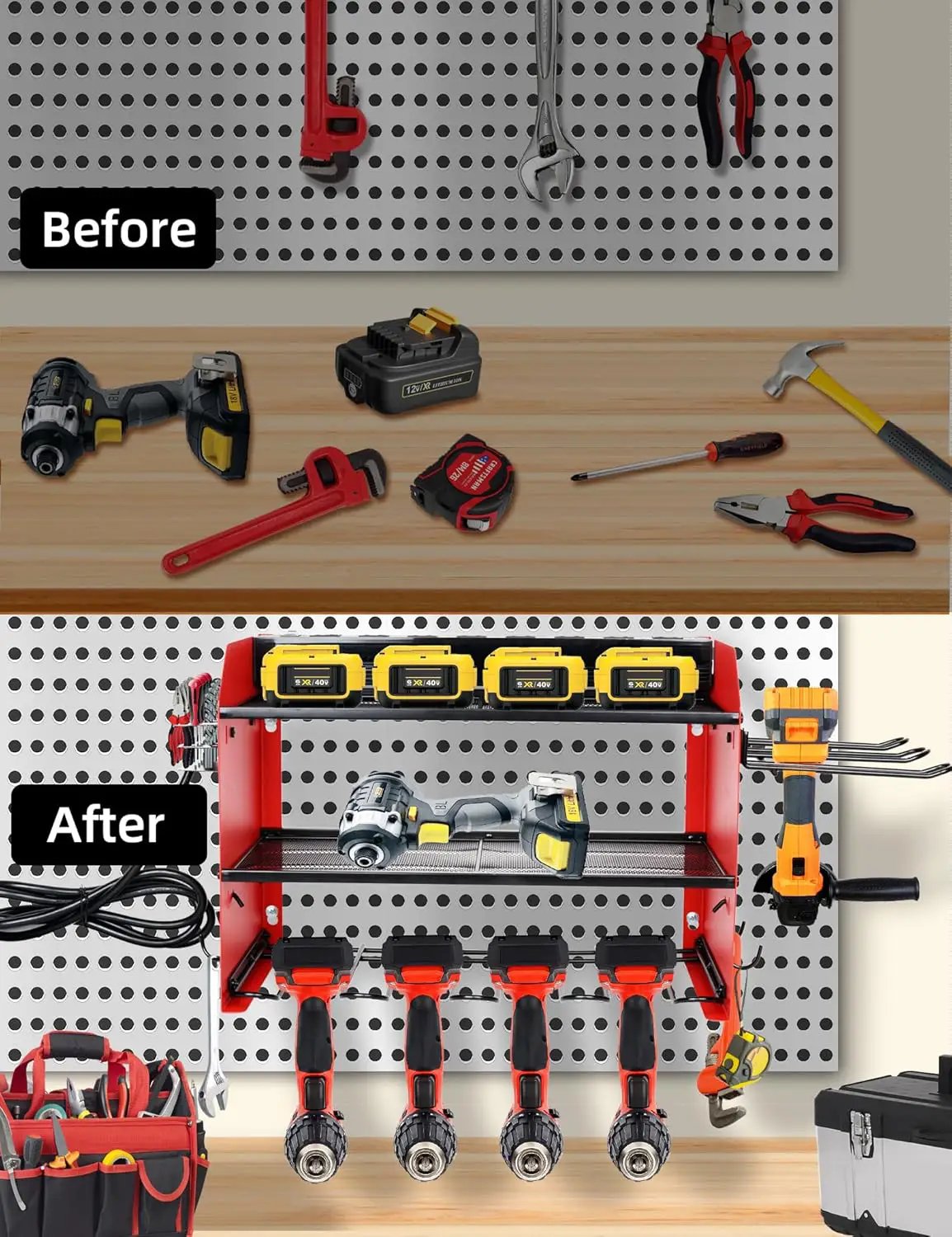 Power Tool Organizer wtih Charging Station，3 Layers Storage Rack with Screwdriver Rack 6 Drill Holders 8 Outlets Max Load 110lbs，for Workshop Garage Organizers and Storage Tool Battery Holder (red) by GreenHaven Gardens