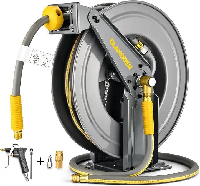 Double Arm Air Hose Reel 50 ft Retractable, 1/2 in Hybrid Hose Heavy Duty Steel Professional Air Compressor Hose Reel with 5 ft Lead in Max 300PSI Auto Rewind Quick Coupler Swivel Fitting by GreenHaven Gardens