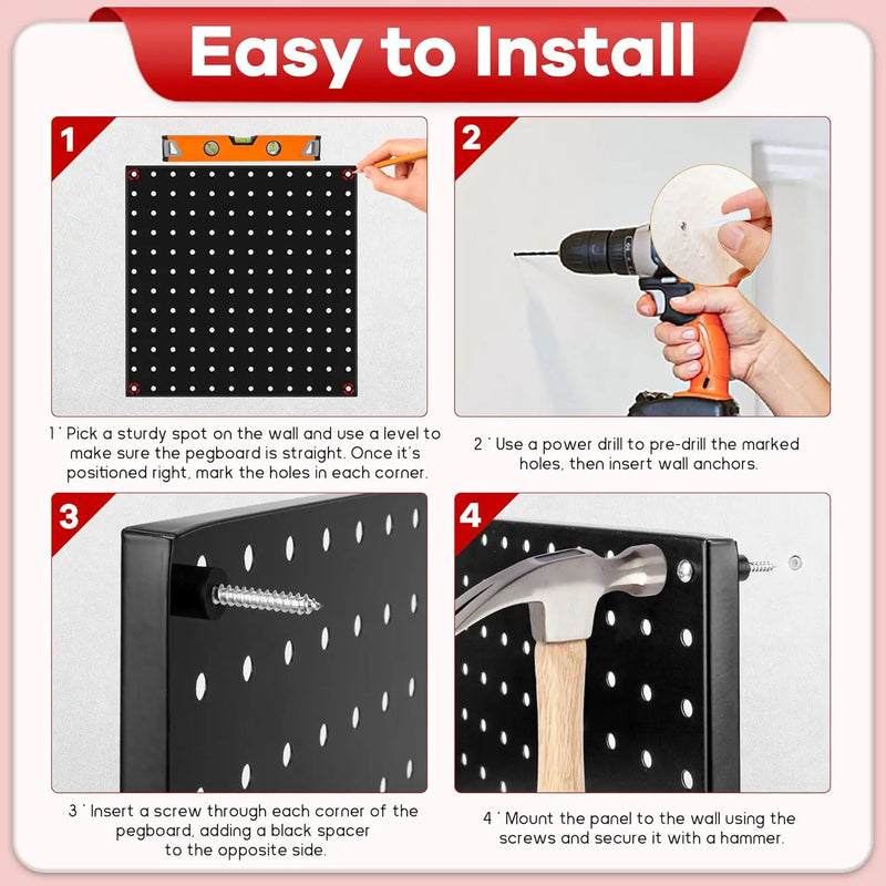 4 Pack Black Metal Pegboard Panels, Heavy Duty Steel Peg Boards Wall Organizer with Screw, Anchors and Washer Accessories for Garage, Tool Storage, Office Organization, Craft Room, Kitchen by GreenHaven Gardens