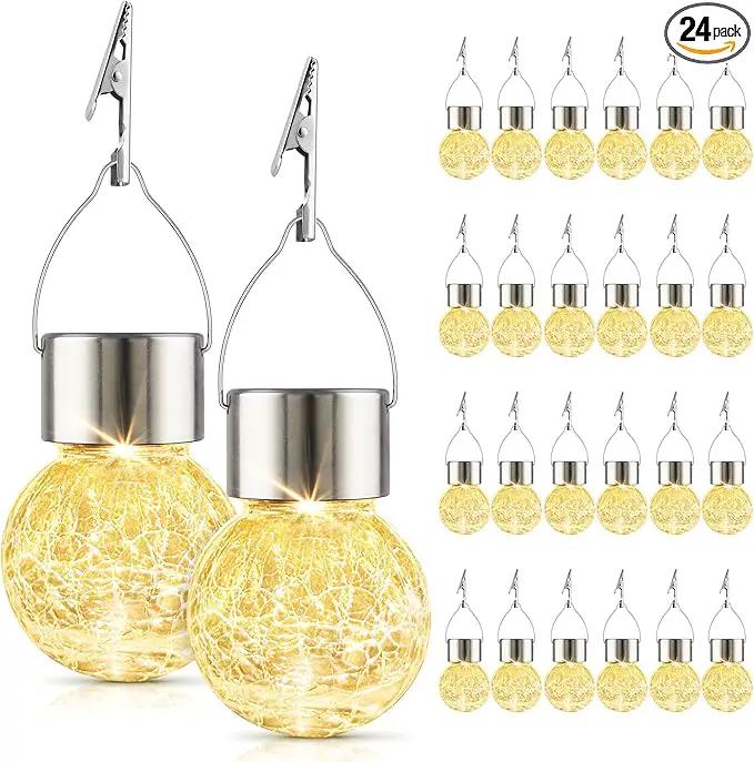Solar Lights Outdoor Hanging Decorative Globe 24 Pack, Waterproof Solar Lantern with Handle and Clip, Solar Powered Glass Ball Lights for Garden Yard Fence Tree Umbrella Holiday Décor, Warm White by GreenHaven Gardens
