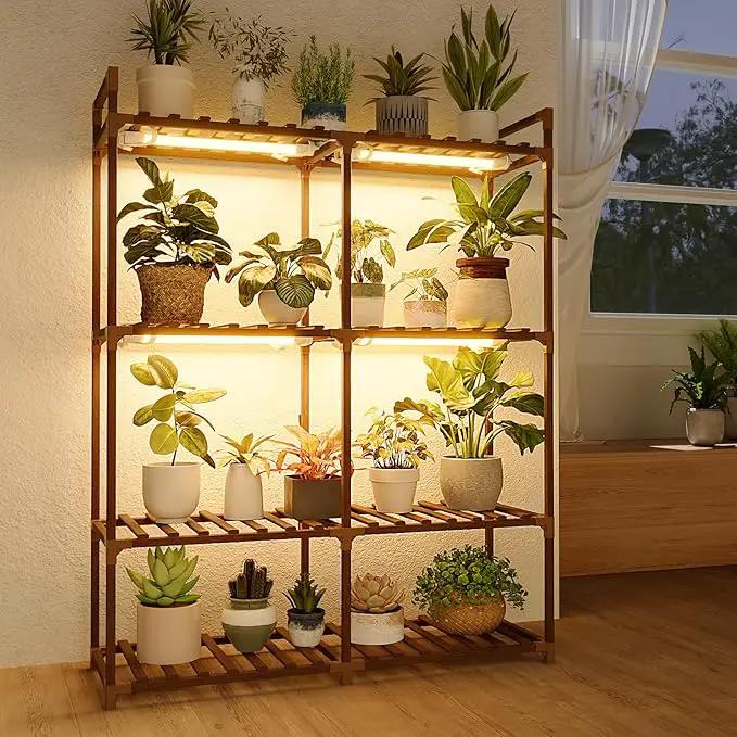 Bamworld Plant Stand with Grow Lights for Indoor Plants Wood Plant Shelf 4 Tier Large Flower Stand for Mutiple Plant Holder Rack for Patio Living Room Balcony by GreenHaven Gardens