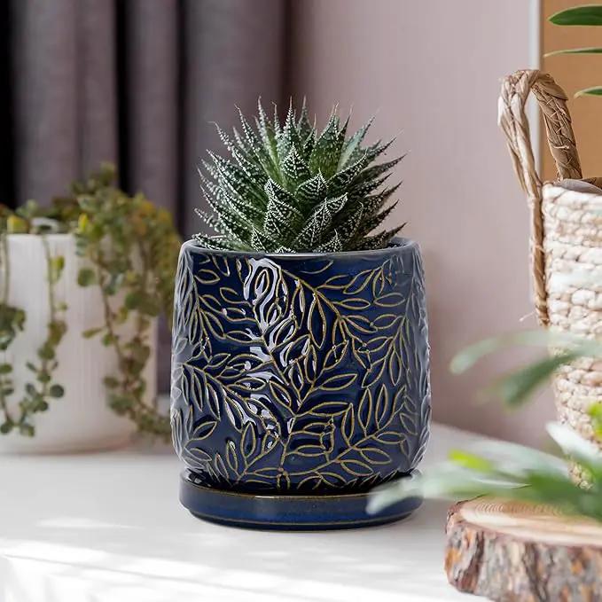 D'vine Dev 4 Inch Embossed Leaves Stoneware Planter Pot with Drainage Hole and Saucer, Midnight Blue, 27-A-Z-3 by GreenHaven Gardens