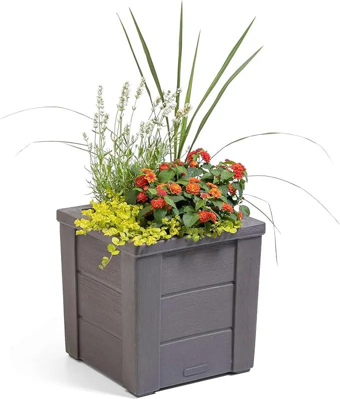 Step2 Lakewood Square Planter, Large Planters for Outdoor Plants, Gardening and Flower Pot for Patio or Porch, Efficient Drainage, Durable Plastic, Dark Cedar, 1-Pack by GreenHaven Gardens