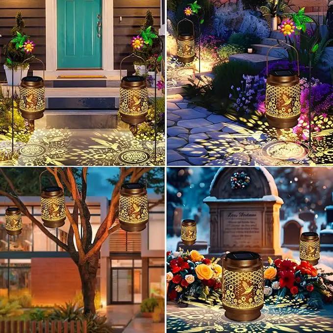2 Pack Solar Lanterns Outdoor Decor - Perfect Gifts for Mom Women Grandma, Solar Powered Hummingbird Sunflower Lantern with 8-Hour Runtime, Waterproof & Easy to Use for Garden, Patio, Yard by GreenHaven Gardens