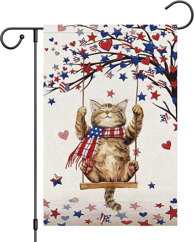 Heyfibro 4th Of July Patriotic Cute Cat Garden Flag 12x18 Double Sided Burlap, Heart Star Tree Pattern USA Flags Retro Yard Banner for Rustic Independence Day Outdoor Decor (ONLY FLAG) by GreenHaven Gardens