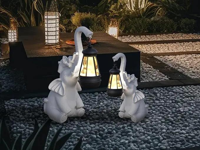 Statue Decoration, Figurine, Lawn Statue, Sculpture Ornament, Animal Figurine - Elephant Resin Statue with Lantern (Hand-JD Trunk-JD) by GreenHaven Gardens