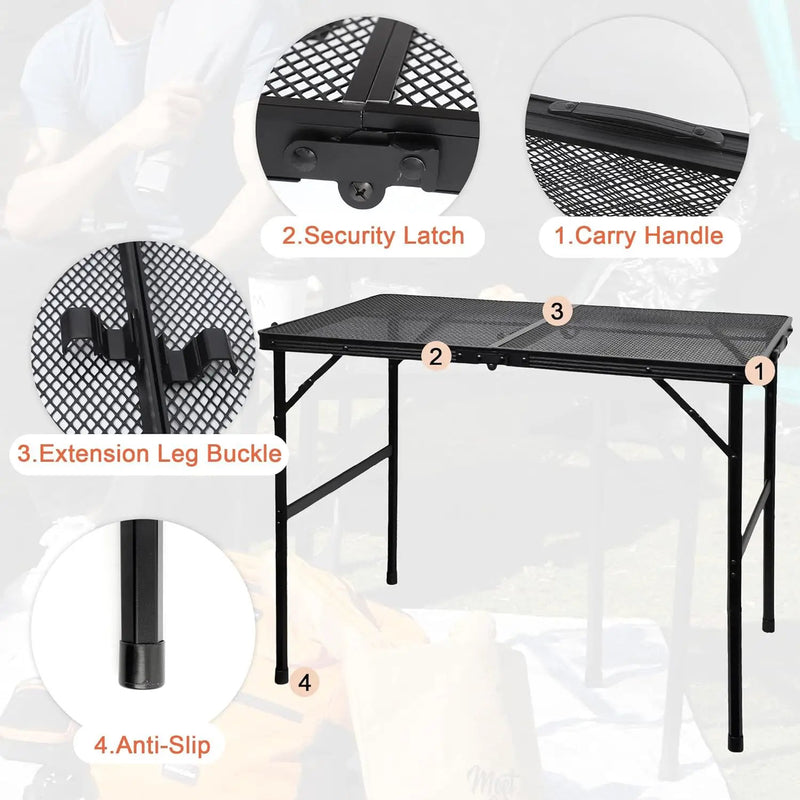 Camping Table with Mesh Desktop, Lightweight & Portable Folding Grill Table, Height Adjustable Metal Outdoor Table for Camp, Cooking, BBQ, RV, Picnic-3 FT Black by GreenHaven Gardens