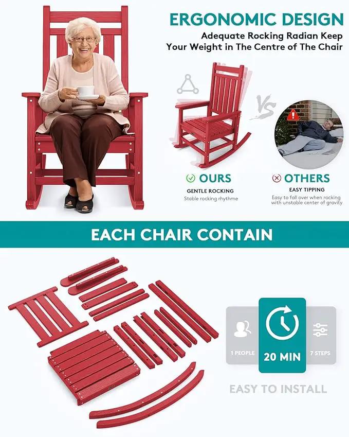 SERWALL Oversized Rocking Chair, Outdoor Rocking Chair Set for Adults, All Weather Resistant Porch Rocker for Lawn Garden, Red by GreenHaven Gardens