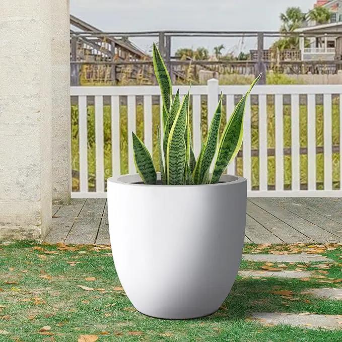 Kante 18 Inch Dia Round Concrete Planter, Indoor Outdoor Large Plant Pot with Drainage Hole and Rubber Plug for Home Patio Garden, Pure White by GreenHaven Gardens