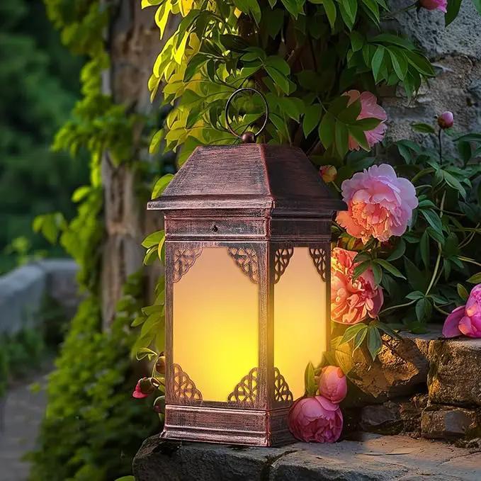 14" Solar Lanterns Outdoor Waterproof, Glass Flickering Flame Solar Lantern, Hanging Metal Lantern Decorative for Patio Front Porch Garden Backyard Tabletop Party Decoration by GreenHaven Gardens