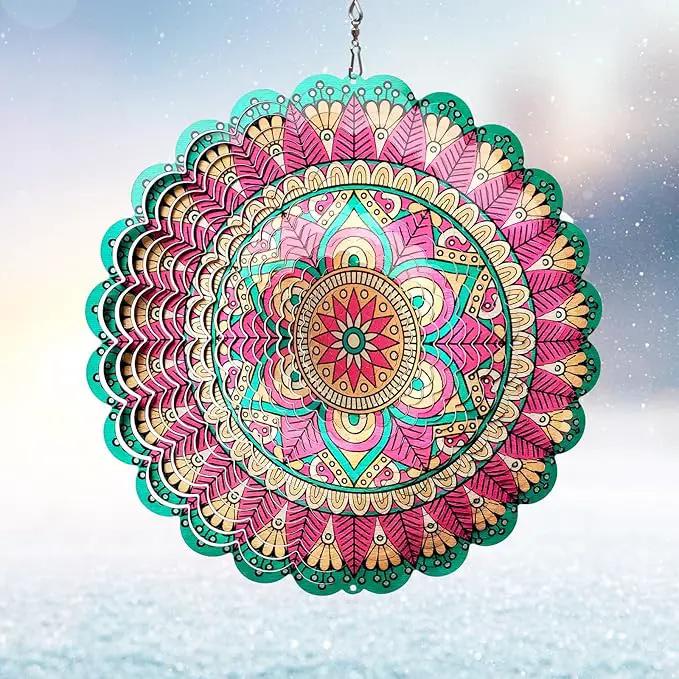 Wind Spinner Mandala Manjusaka Laser Cut Stainless Steel Wind Spinners for Yard and Garden Decoration 3D Kinetic Metal Art Ornament Hanging Wind Sculptures Outdoor Decor Creative Gifts Ideas by GreenHaven Gardens