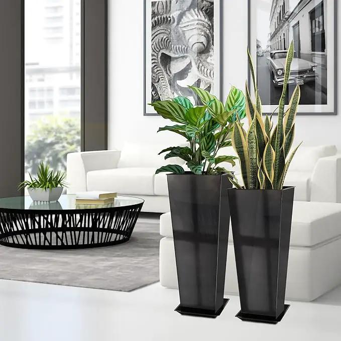 KOL 25'' & 28'' Tall Glazed Planter with Saucer, Set of 2, Galvanized Steel Planter Metal Pots for Indoor & Outdoor Use, Decorative Flower Plant Pots with Drainage Hole for Porch, Patio, Deck - Black by GreenHaven Gardens