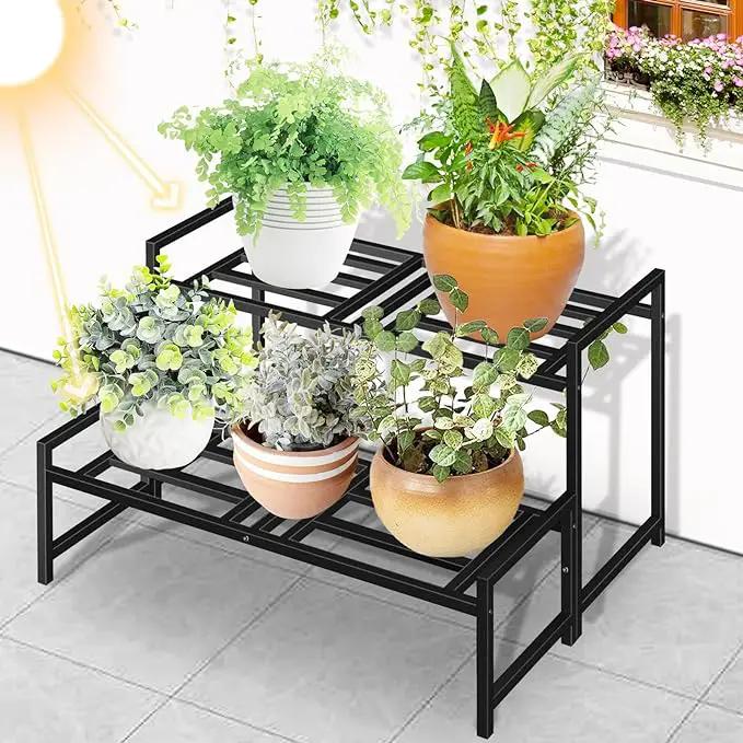 Plant Stand Indoor Outdoor, 2-Tier Wrought Iron Plant Stands, Stackable Metal Plant Shelf Decorative Outdoor Flower Stand Heavy Duty Pedestal Stands for Garden Deck Living Room, Black by GreenHaven Gardens