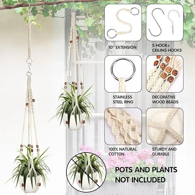 Augshy Macrame Plant Hanger, 2Pcs Hanging Plant Holder with Extender Plant Hangers for Indoor Outdoor Decor Macrame Hanging Planter Basket with 4 Hooks by GreenHaven Gardens