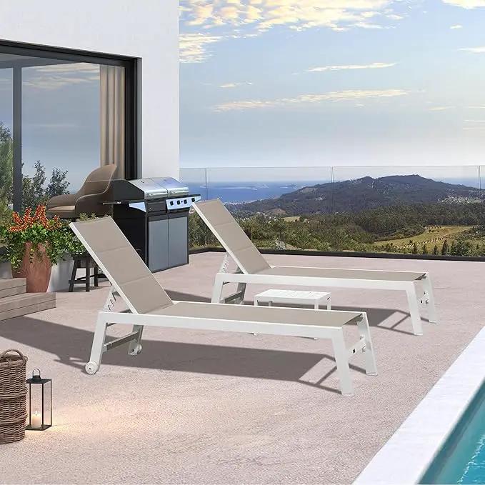 PURPLE LEAF Outdoor Chaise Lounge Set Oversize Adjustable Sunbathing Recliner Extra Wide Lounge Chairs with Side Table for Poolside Beach Outside Patio Aluminum Chaise Lounger Khaki 2 Sets by GreenHaven Gardens