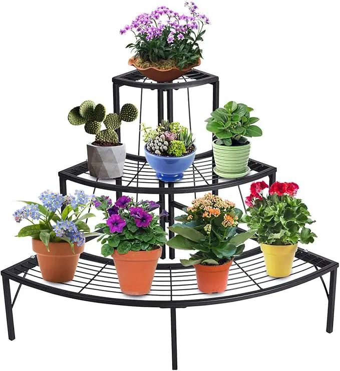 DOEWORKS 3 Tier Plant Stand Flower Pot Rack, Quarter Round Plant Corner Shelf Planters Display Holder orchid shelves for Indoor Outdoor Use, Black by GreenHaven Gardens