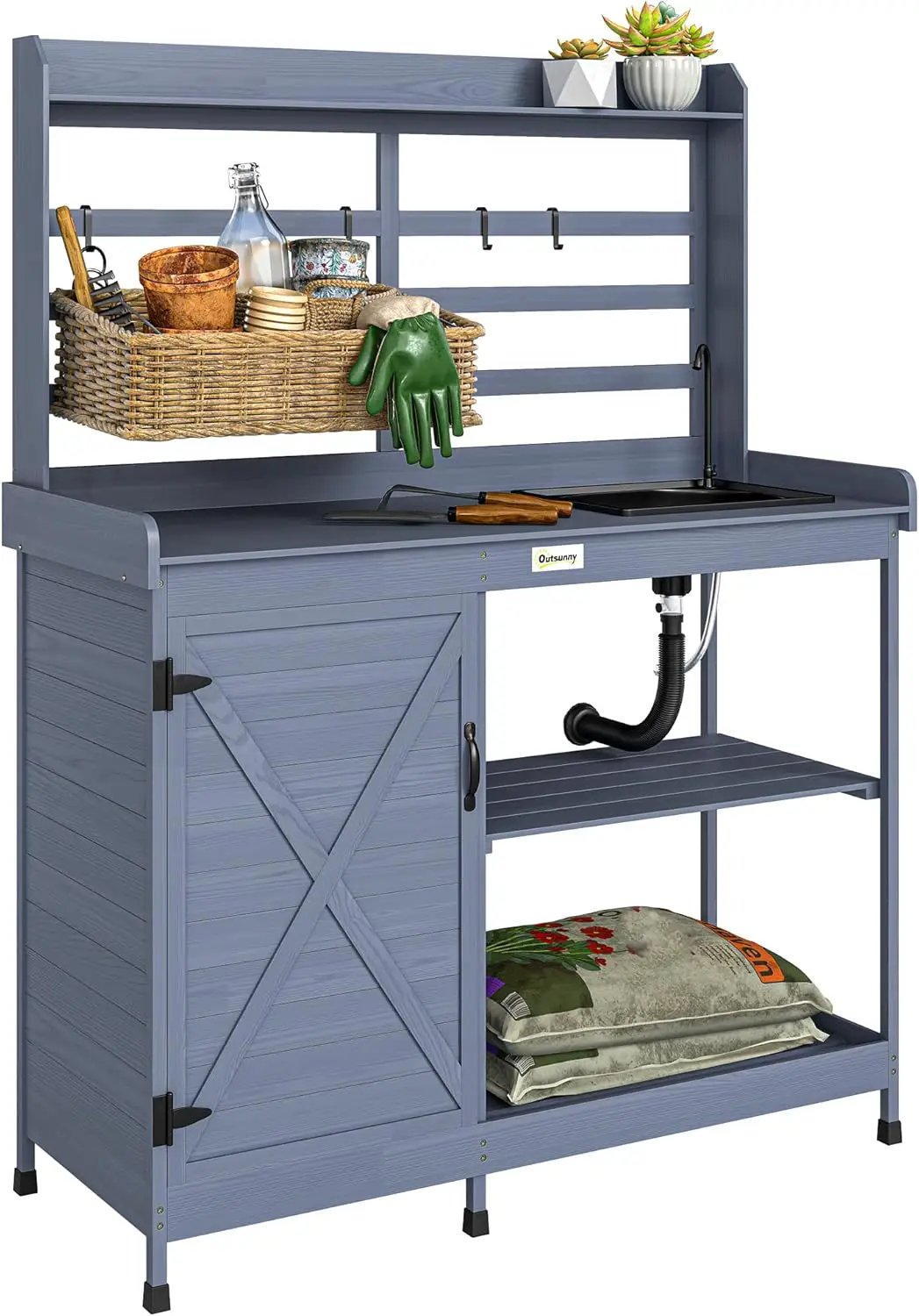 Outsunny Outdoor Wooden Potting Bench Table with Sink and Water Tap, Garden Workstation with Storage Cabinet, Storage Shelves for Backyard, Patio, Balcony, Gray by GreenHaven Gardens