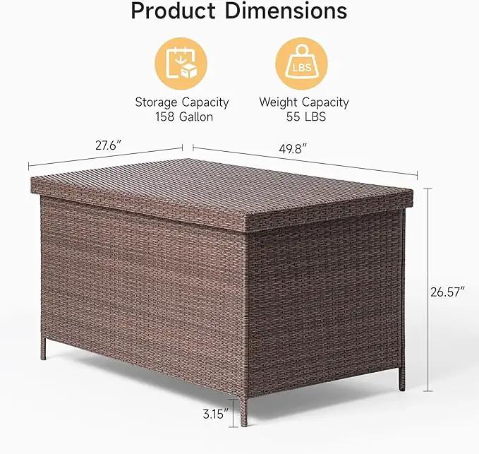 158 Gallon XL Deck Box with Lid, All Weather Wicker Outdoor Storage Box Waterproof, Large Outdoor Patio Storage Bin for Cushions, Garden Tools, Gears, Pool Accessories, Brown by GreenHaven Gardens