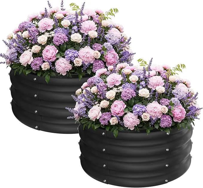ZXZYHFTY Round Galvanized Raised Garden Bed kit,Black Outdoor Garden Raised Planter Box, Round Large Metal Raised Garden Beds for Vegetable 2 * 2 * 1ft 2 Pcs by GreenHaven Gardens