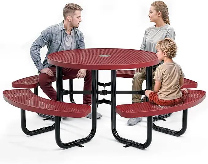Metal Picnic Tables for Outdoors with Umbrella Hole - Coated Steel Heavy Duty Commercial Grade Table with Adjustable Seats (Red, 46 in, Round, Punched Steel) by GreenHaven Gardens