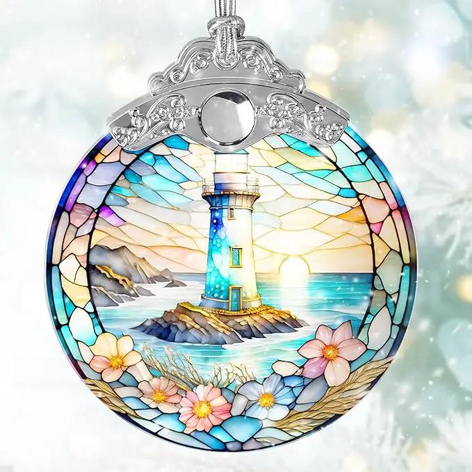 Stained Glass Suncatcher, Jocidea Lighthouse Ornament, Christmas Ornaments, Holidays Ornaments, Christmas Tree Decor, Lighthouse Decor for Home, Lighthouse Gifts by GreenHaven Gardens