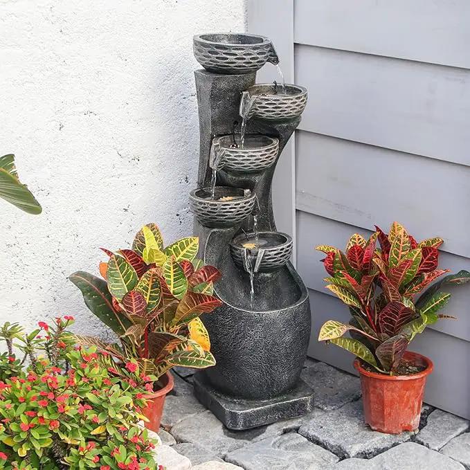 35.83''H Indoor Outdoor Modern Water Fountain 6-Tiers Garden Cascading Fountains Curve Shape Floor Standing Waterfall Water Feature with LED Light for Yard Deck Patio Home Art Decor by GreenHaven Gardens