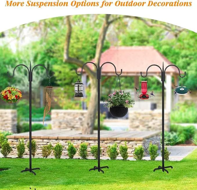 FEED GARDEN Adjustable Double Shepherds Hook for Outdoor with 5 Prong Base 63 Inch Heavy Duty Two Sided Bird Feeder Pole for Hanging Plant Baskets, Solar Light Lanterns, Wind Chimes 2 Pack by GreenHaven Gardens
