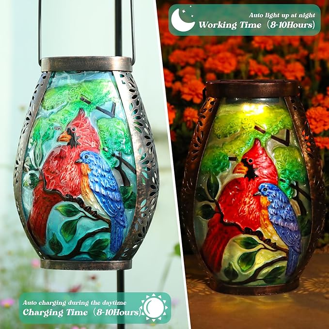 MUMTOP Solar Lanterns Outdoor Waterproof Cardinal Bluebird Solar Powered LED Lights Hanging Solar Lantern Metal Decorative for Patio Table Garden Outside Yard Backyard by GreenHaven Gardens