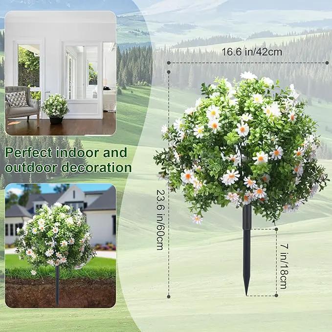 23.6" Artificial Boxwood Topiary Ball Trees with White Flowers, Set of 2 UV Resistant No Fade Outdoor Faux Plants with Ground Spike, Fake Shrubs for Garden, Patio, Porch, Yard, Indoor Decor by GreenHaven Gardens
