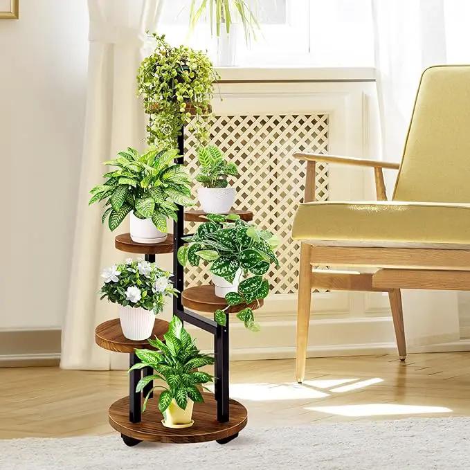GEEBOBO 5 Tier Plant Stand With 4 Wheels, Metal Wood Tall Plant Stands For Indoor Plants Multiple, Corner Tiered Flower Plants Shelf Stand for Living Room Bedroom, Brown by GreenHaven Gardens