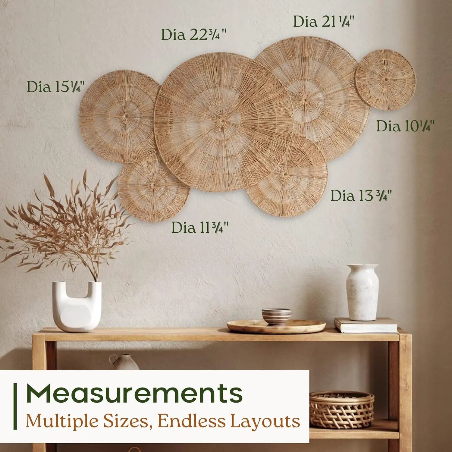 CHI AN HOME Wicker 23 Inch Jute Wall Decor Baskets, Set of 6 Extra Large Woven Jute Wall Plates, 23",21",15",13",12,10", Decorative Baskets for Wall Arts, Wall Hanging for Bedroom, Living Room, Office by GreenHaven Gardens