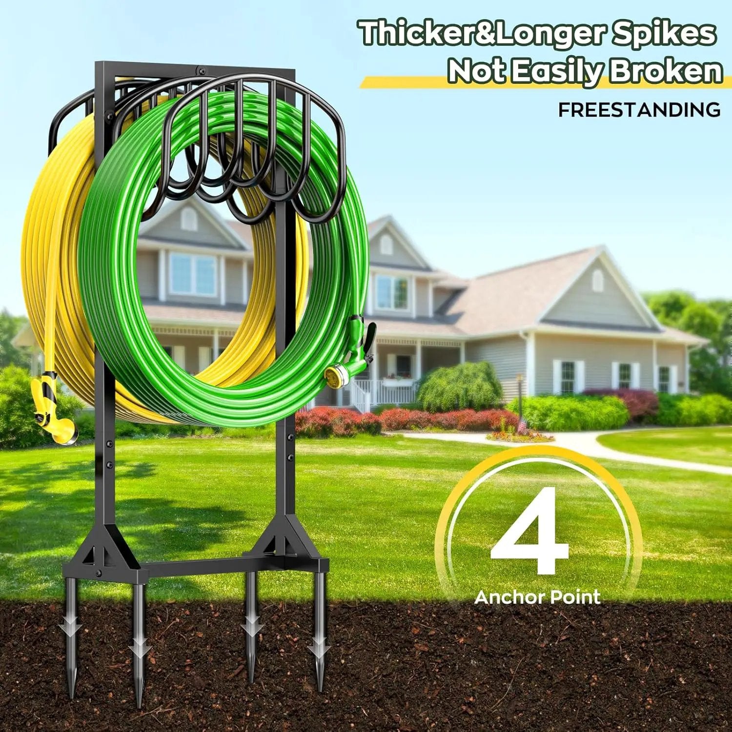 Garden Water Hose Holder Holds 2 * 150Ft Hoses, Heavy-Duty Metal Freestanding Hose Holder with 4 Spikes, Rustproof Garden Hose Reels Hose Hanger Storage for Outside, Yard, Lawn, Farm, Black by GreenHaven Gardens