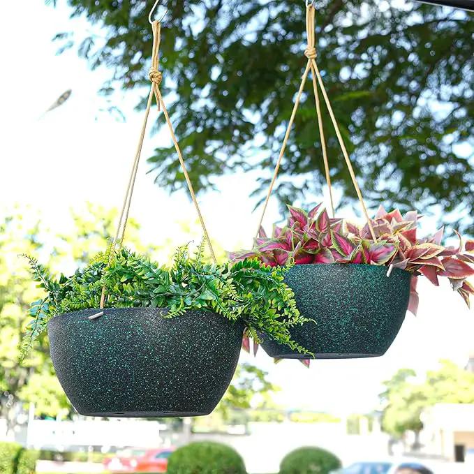 13 Inch 2 Pack Large Hanging Planters for Indoor Outdoor Plants, Plastic Hanging Basket Pots for House Plants Flowers, Black Speckles by GreenHaven Gardens