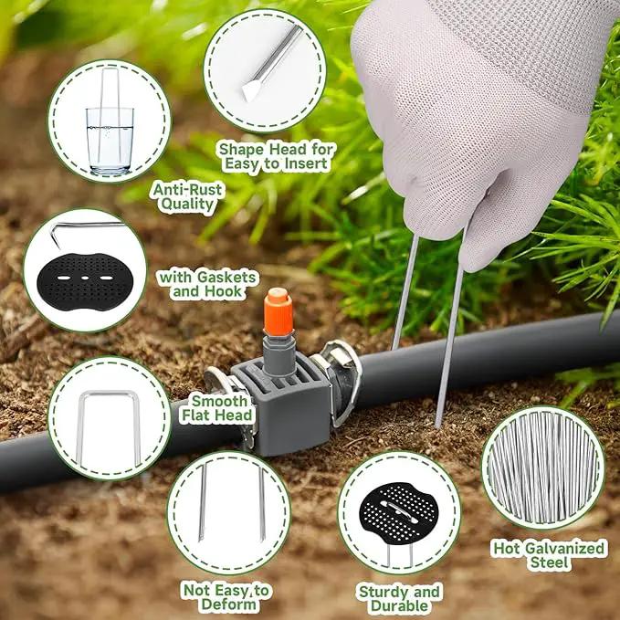 Landscape Staples Set,6 Inch 11 Gauge 100pcs Galvanized Garden Stakes + 100pcs Gaskets + 1Pick Hook,U-Shaped Tent Stakes Landscaping Fabric SOD Pins for Weed Fabric Barrier,Groud Cover,Fence by GreenHaven Gardens