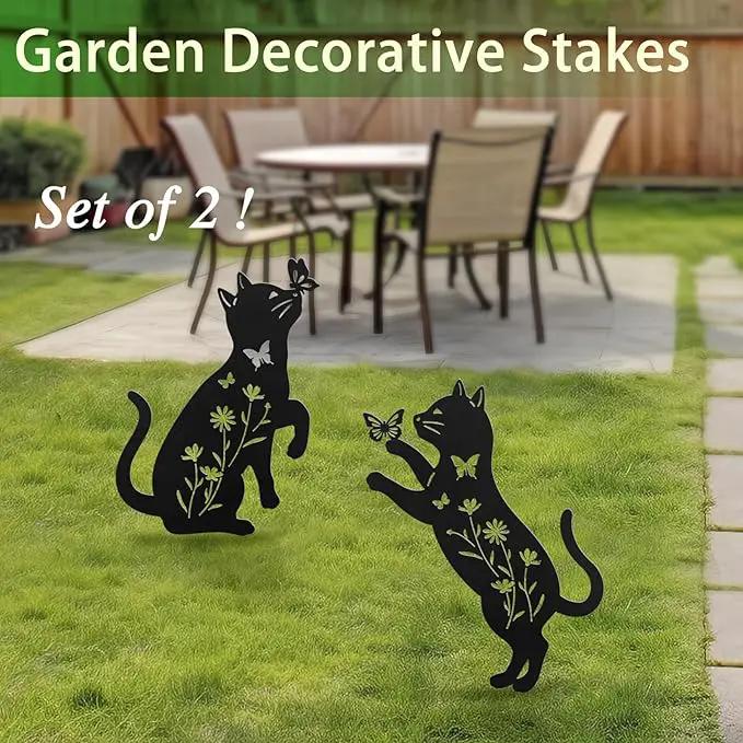 Metal Cat Garden Decor for Outside,Set of 2 Black Cat Silhouette Garden Stakes,Cat Yard Decor Outdoor by GreenHaven Gardens