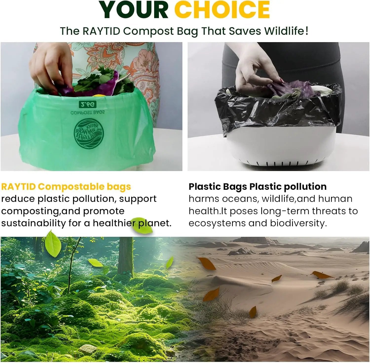 RAYTID Compostable trash Bags 2.6 Gallon Compost Bags for Kitchen Countertop Bin 1.3,2,3, Gallon, 120 Count,Small Kitchen Food Scrap Waste Bags,ASTM D6400, US BPI & Europe OK Compost Home Certified by GreenHaven Gardens