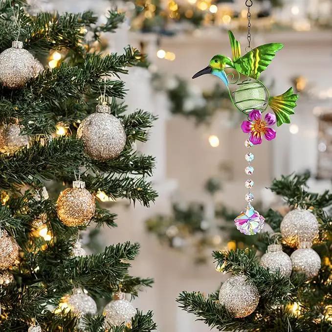 Stained Metal Hummingbird Suncatcher, Window Crystal Prisms Sun Catcher Hanging Ornament Rainbow Maker Bird Garden Wall Art Fence Decorations by GreenHaven Gardens