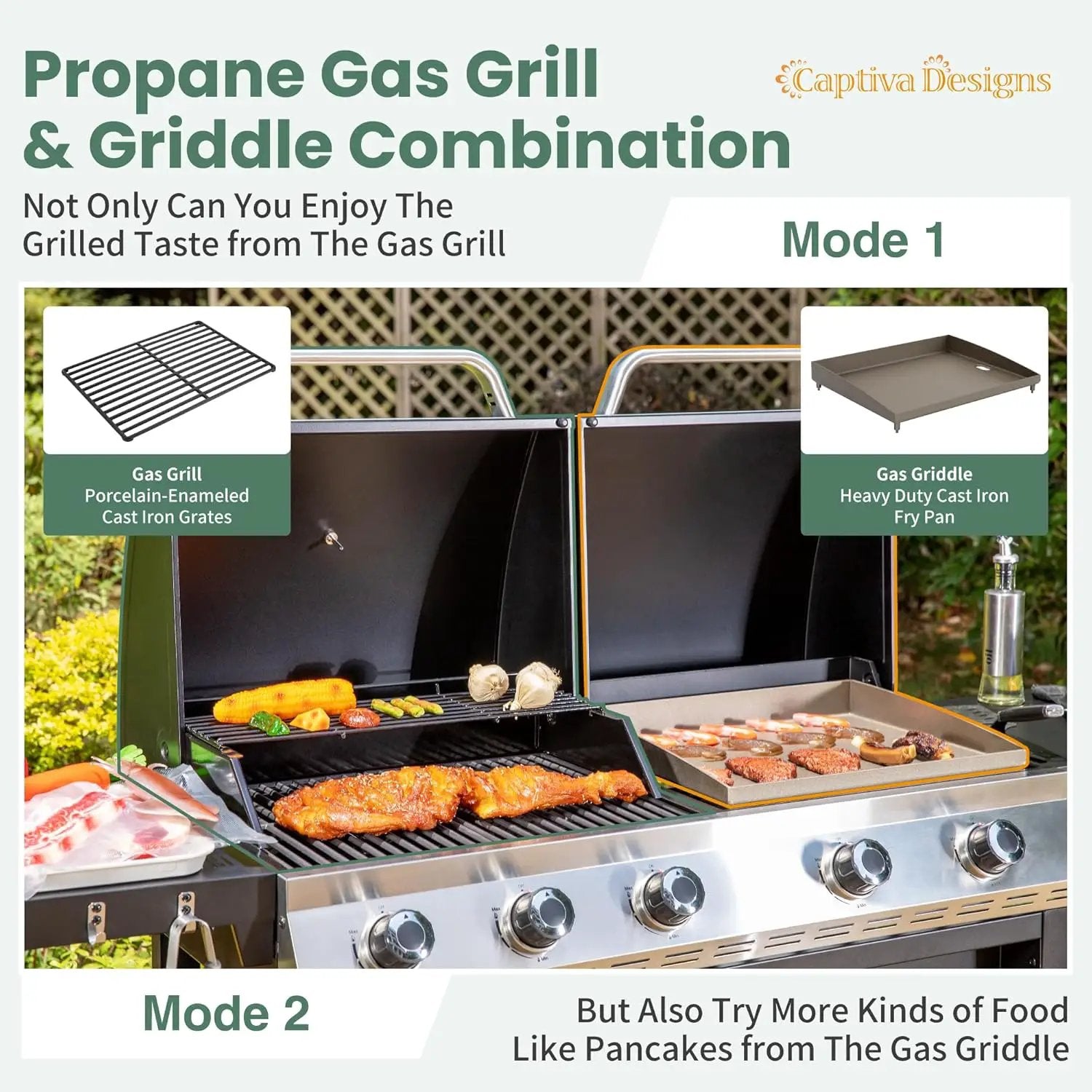 Captiva Designs Propane Gas Griddle Grill Combo with Porcelain-Enameled Cast Iron Grate & Cast Iron Pan, Dual BBQ Grill With Flat Top Griddle for Outdoor Kitchen & Backyard Barbecue,696 SQIN Cook Area by GreenHaven Gardens