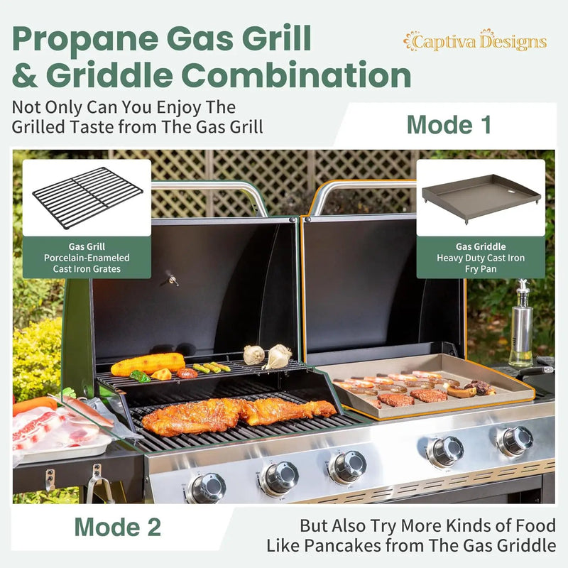 Captiva Designs Propane Gas Griddle Grill Combo with Porcelain-Enameled Cast Iron Grate & Cast Iron Pan, Dual BBQ Grill With Flat Top Griddle for Outdoor Kitchen & Backyard Barbecue,696 SQIN Cook Area by GreenHaven Gardens