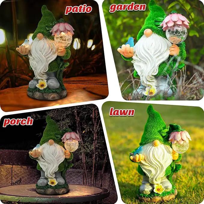 Garden Gnome Statue - Funny Gnome Decoration Hold Flower with Solar Crackle Glass Globe Lights, Resin Gnome Figurine Ornament for Patio Yard Lawn Porch Outdoor Decor by GreenHaven Gardens
