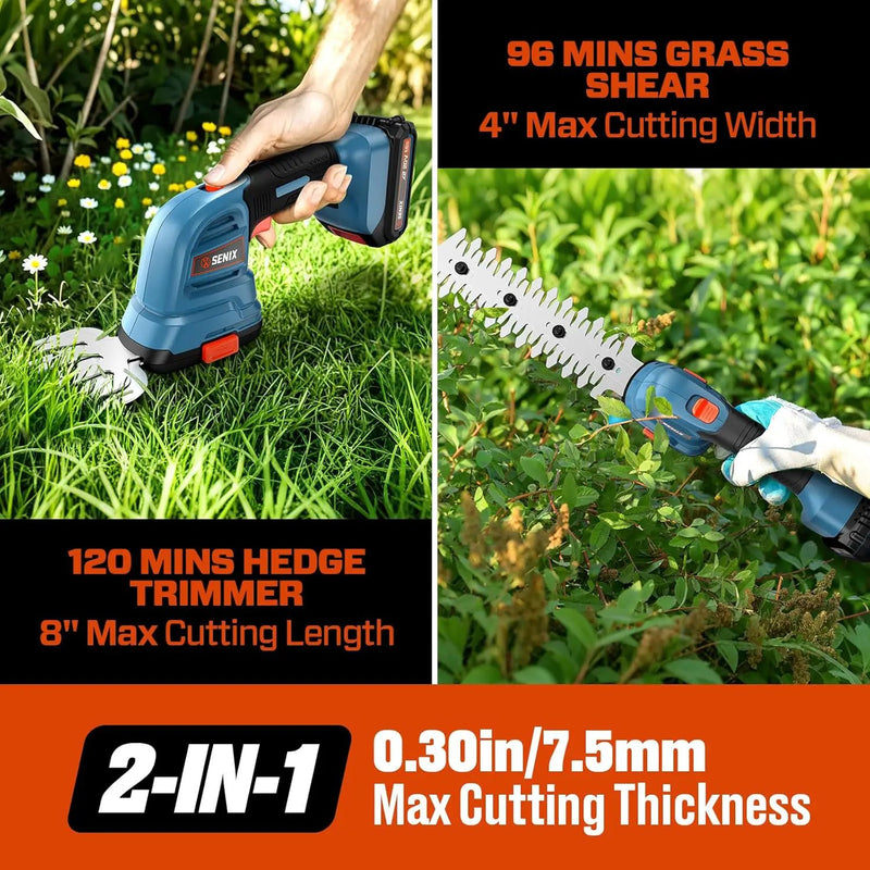 Senix X2 20 Volt Max* 2-in-1 Cordless Hedge Trimmer and Grass Shear with Interchangeable 4-Inch and 8-Inch Blades, Includes 2.0 Ah Battery and Charger (GSX2-M) by GreenHaven Gardens