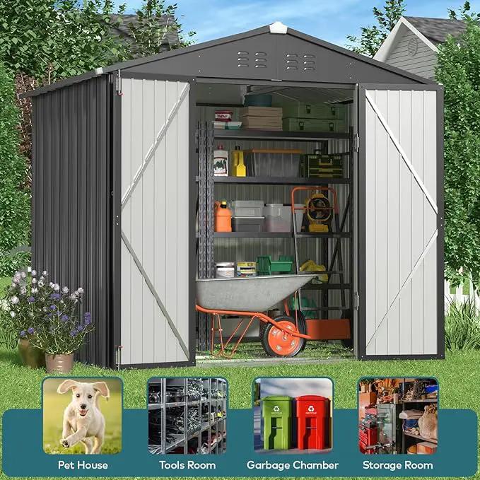 Gizoon Outdoor Storage Shed 8 x 6 FT, Galvanized Metal Garden Shed with Double Lockable Doors, Outdoor Storage Clearance for Backyard Patio Lawn-Dark Grey by GreenHaven Gardens